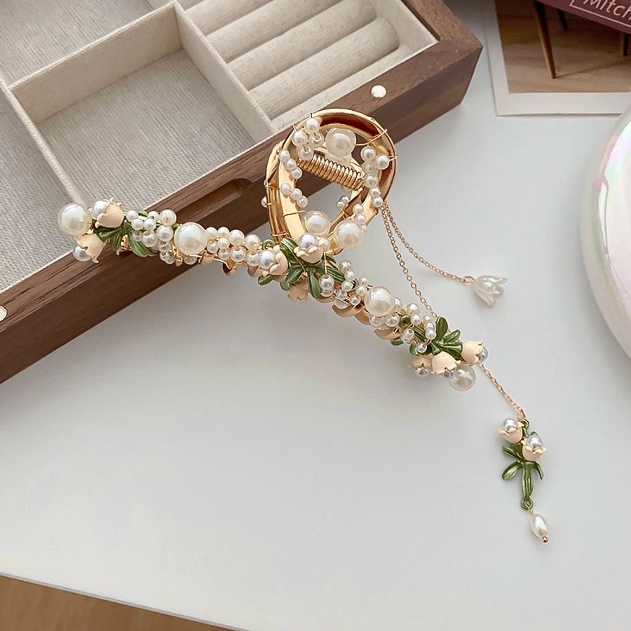 sweet flower alloy tassel artificial pearls hair claws