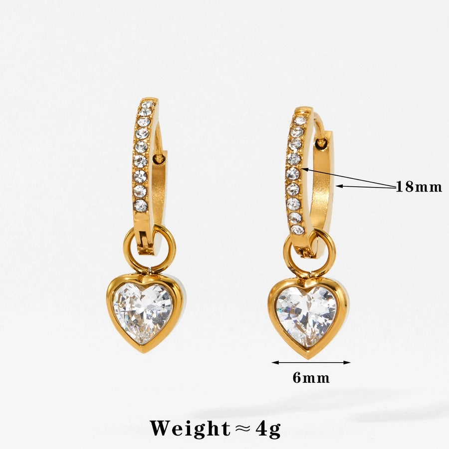 1 Pair Modern Style Heart Shape Plating 304 Stainless Steel Zircon 16K Gold Plated White Gold Plated Drop Earrings