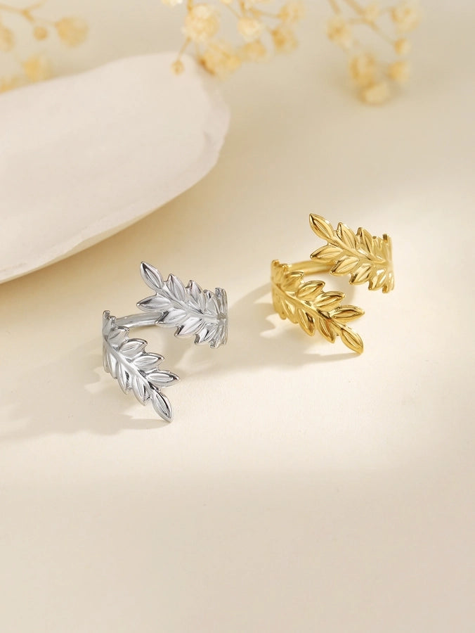 Jewelry Elegant Leaves Feather 304 Stainless Steel Open Rings
