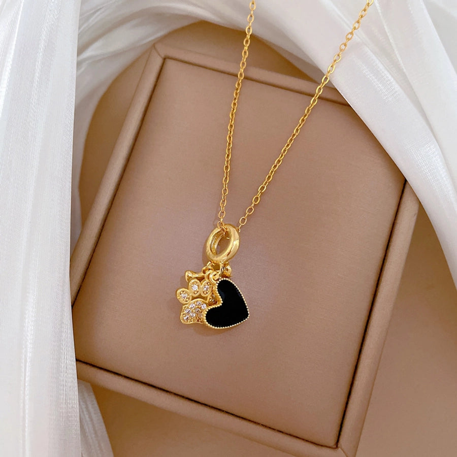 Jewelry Sweet Classic Style Artistic Paw Print Heart Shape Titanium Steel Copper Zircon Gold Plated Pendant Necklace