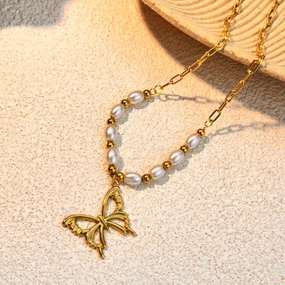 Wholesale Jewelry Vacation Beach Flower Butterfly Bow Knot 304 Stainless Steel 18K Gold Plated Plating Pendant Necklace Paperclip Chain cable chain