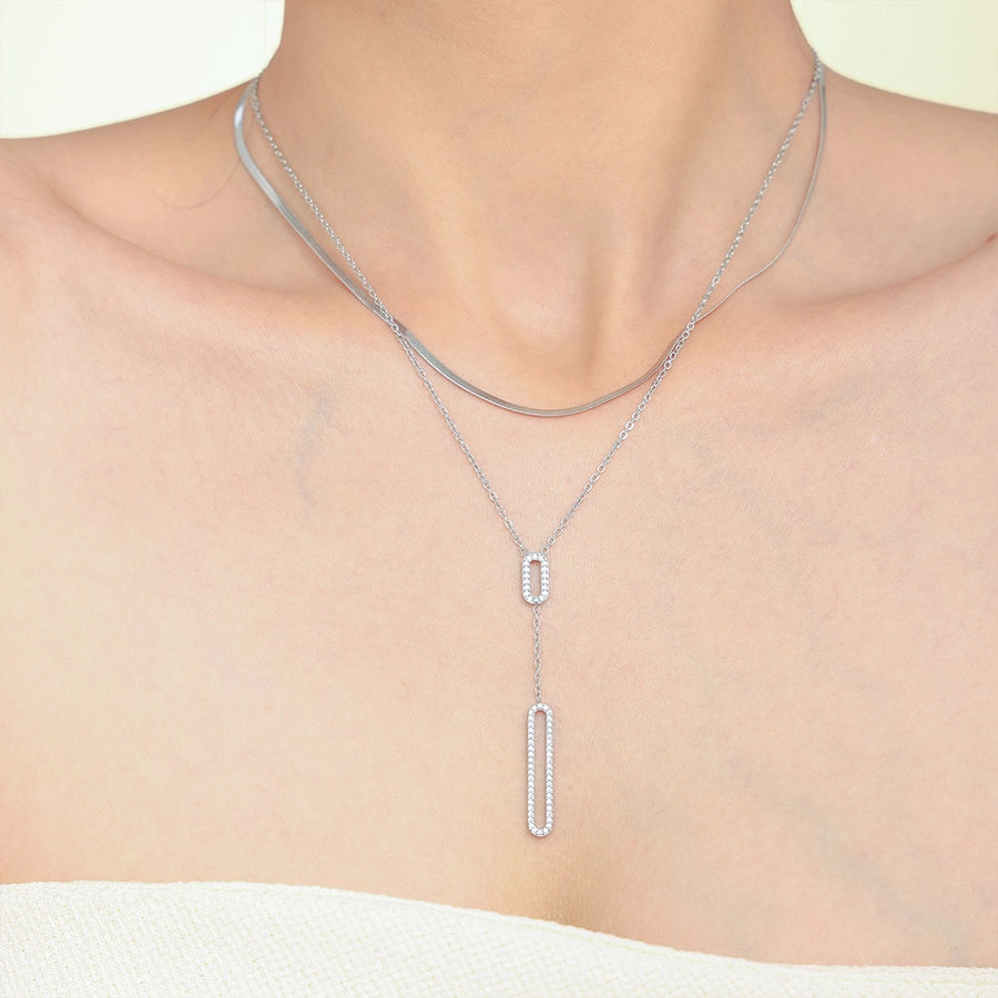 Jewelry Elegant Luxurious Vacation Rectangle Titanium Steel 18K Gold Plated Rhinestone Necklace