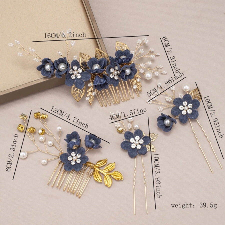 Women's IG Style Sweet Flower Cloth Metal Handmade Pearl Inlay Rhinestones Insert comb