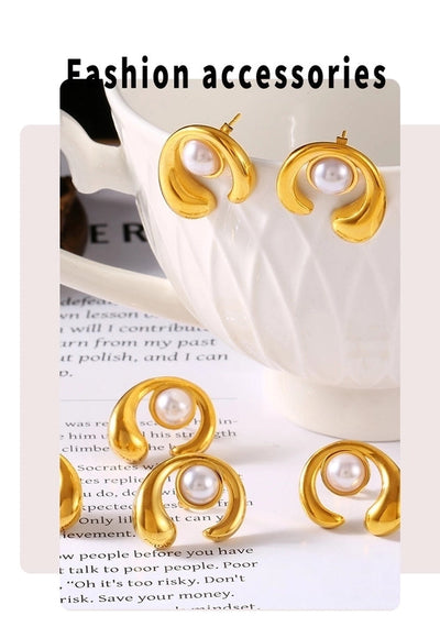 1 Pair Elegant Simple Style Streetwear C Shape Round Plating Inlay 304 Stainless Steel Artificial Pearls Ear Studs