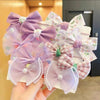 cute plaid flower bow knot cloth inlaid pearls hair tie 1 set