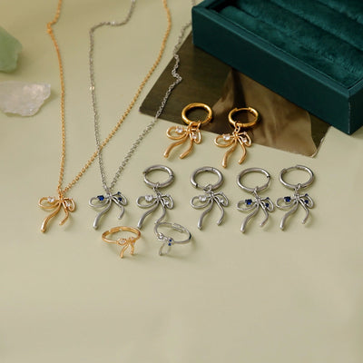 Copper 18K Gold Plated White Gold Plated Asymmetrical Big Bow Bow Knot Zircon Jewelry Set