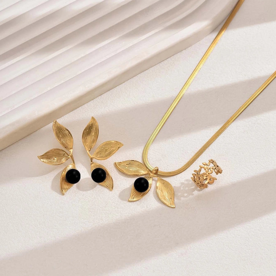 Jewelry Elegant French Style Sweet Leaf Ball 201 Stainless Steel 18K Gold Plated Stainless Steel Jewelry Sets