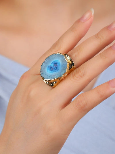 Natural Crystal Copper 14K Gold Plated Inlay Asymmetrical Irregular Crystal Open Rings