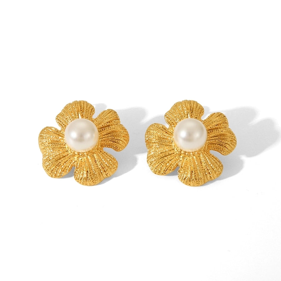 1 Pair IG Style Flower Plating Inlay 304 Stainless Steel Pearl 18K Gold Plated Ear Studs