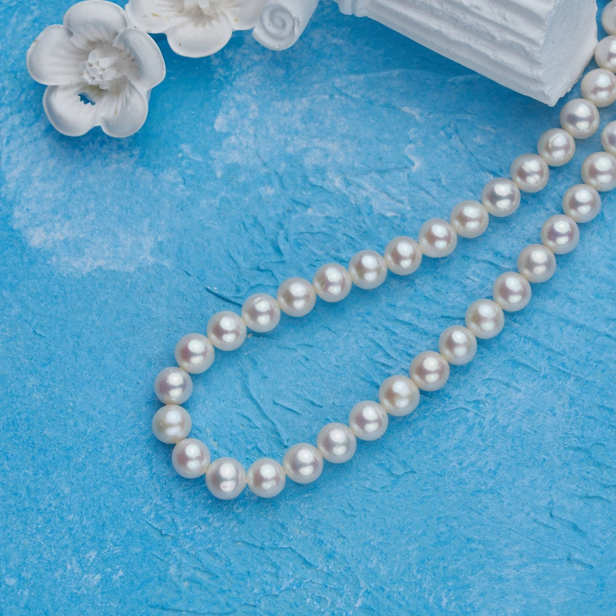 925 Sterling Silver Beaded Chain Beaded Metal Button Round Freshwater Pearl Necklace