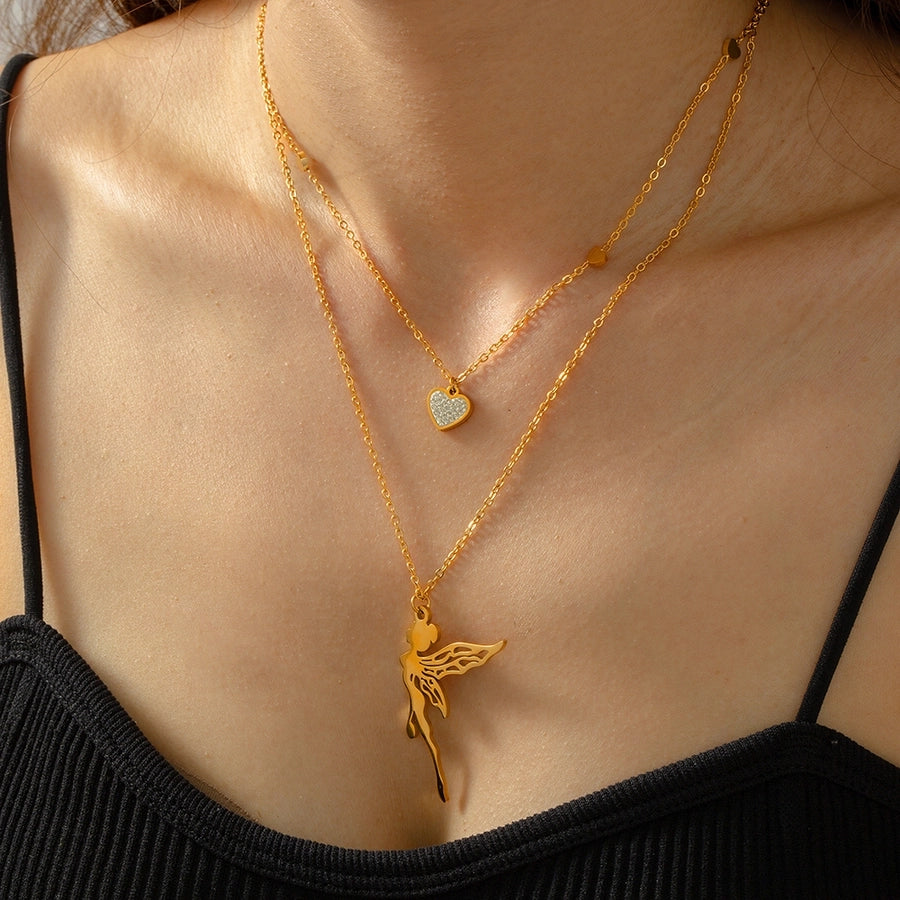 Jewelry Sweet Korean Style Angel Heart Shape 304 Stainless Steel Rhinestones 18K Gold Plated Layered Plating Inlay Double Layer Necklaces Pendant Necklace