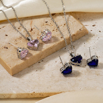 Copper Rhodium Plated Inlay Heart Shape Glass Jewelry Set