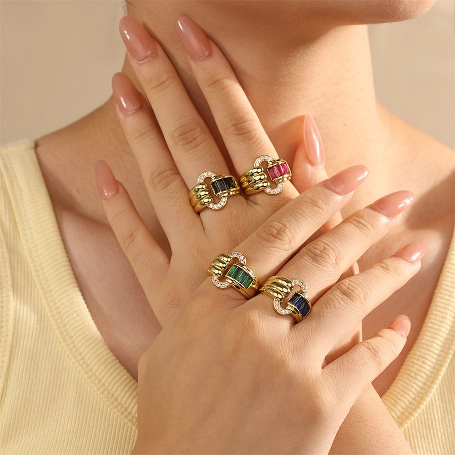 Jewelry IG Style Shiny Oval Copper Zircon Inlay Open Rings