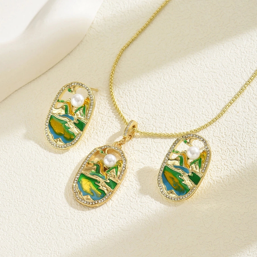 Copper Inlay Mountain Water Pearl Zircon Jewelry Set
