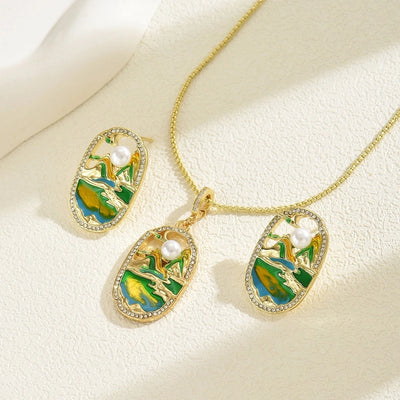 Copper Inlay Mountain Water Pearl Zircon Jewelry Set