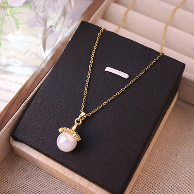 304 Stainless Steel Copper 18K Gold Plated Plating Inlay Round Artificial Pearls Pendant Necklace