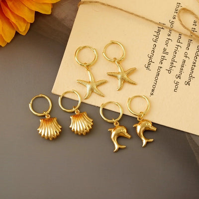 1 Pair Marine Style Scallop Starfish Dolphin Polishing Epoxy 304 Stainless Steel 18K Gold Plated Hoop Earrings Drop Earrings
