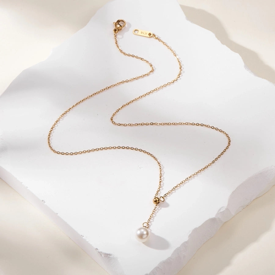 Jewelry Vintage Style Simple Style Classic Style Round 304 Stainless Steel Pearl Gold Plated Inlay Pendant Necklace