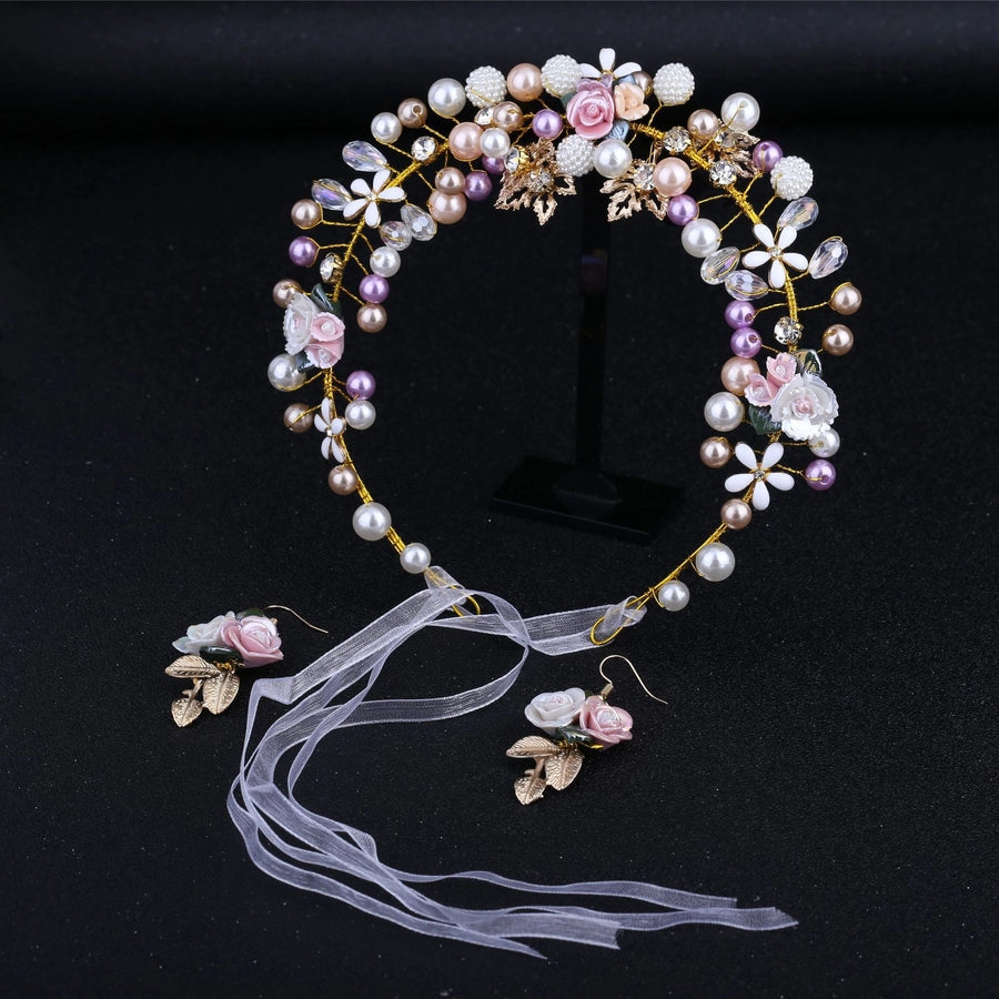 bridal headwear handmade pearl ceramic flower headband earrings set