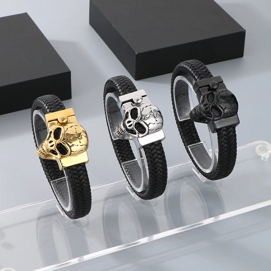 Business Lion's head Wolf Head Skull 304 Stainless Steel Leather 18K Gold Plated Men's Bracelets