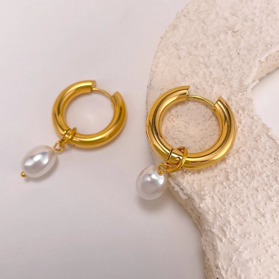 1 Pair French Style Geometric Pearl chain 304 Stainless Steel 18K Gold Plated Drop Earrings