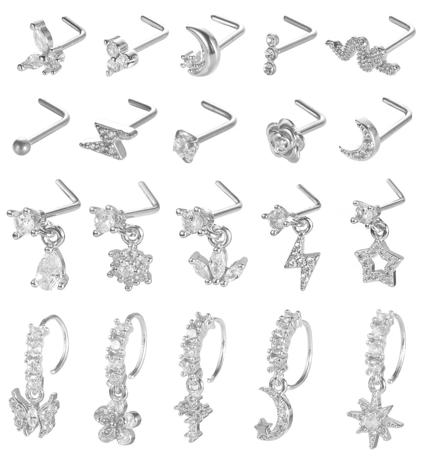 1 Set Nose Rings & Studs Y2K Shiny Star Butterfly Lightning 201 Stainless Steel Copper Inlay Zircon Nose Rings & Studs