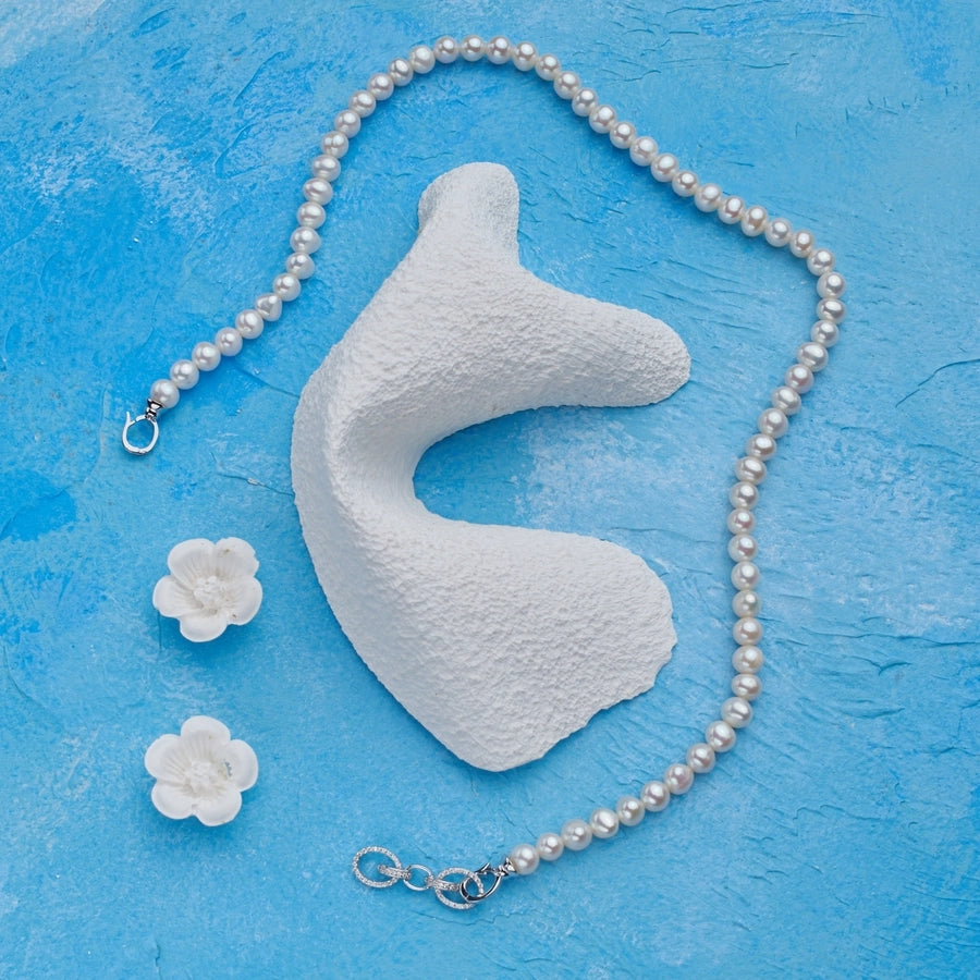 925 Sterling Silver Beaded Chain Beaded Metal Button Round Freshwater Pearl Necklace