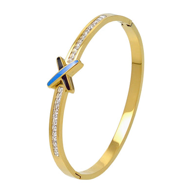 Elegant Nordic Style Vacation cross Row Brick Hollow Out Titanium Steel Gold Plated Zircon Bangle In Bulk
