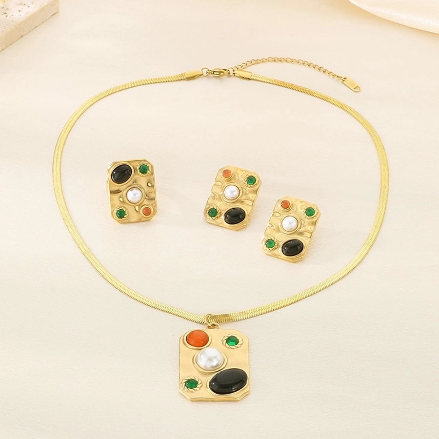 Jewelry Elegant Vintage Style Streetwear Square 304 Stainless Steel Artificial Gemstones Turquoise Pearl 18K Gold Plated Inlay Jewelry Set