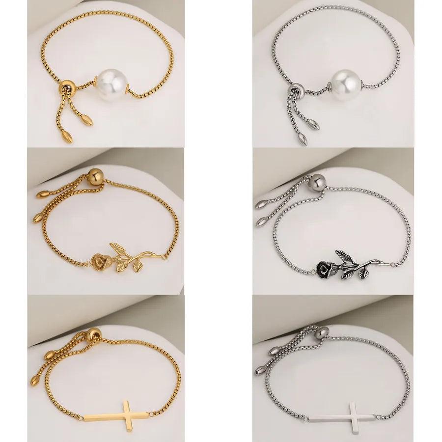 Casual Vacation Classic Style Cross Floral 304 Stainless Steel Imitation Pearl box chain Bracelets In Bulk
