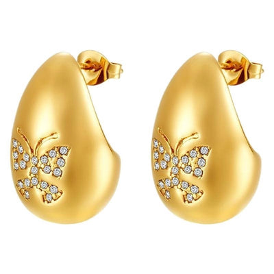 1 Pair IG Style Water Droplets Butterfly Plating Inlay 304 Stainless Steel Rhinestones 18K Gold Plated Ear Studs