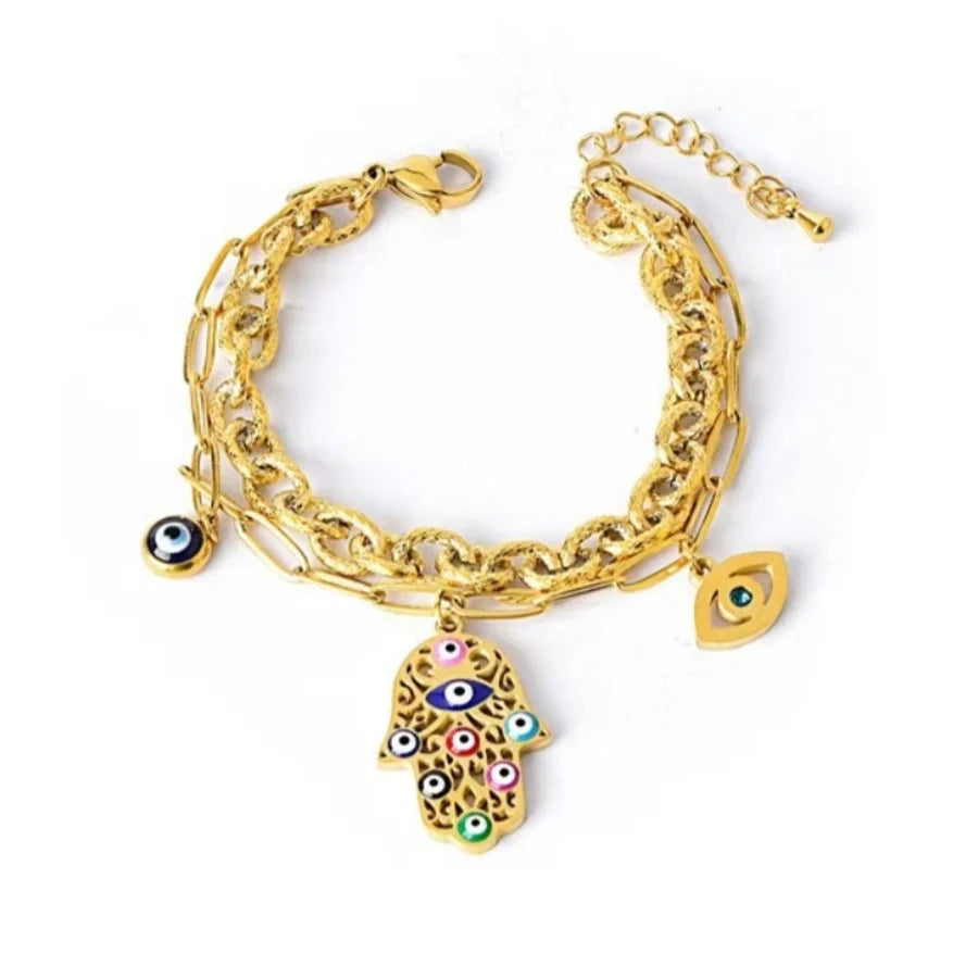 Titanium Steel Palm Eye Drop Oil 18K Gold Plated Bohemian Style Personality Fashion Vintage Necklace Bracelet Earring Set