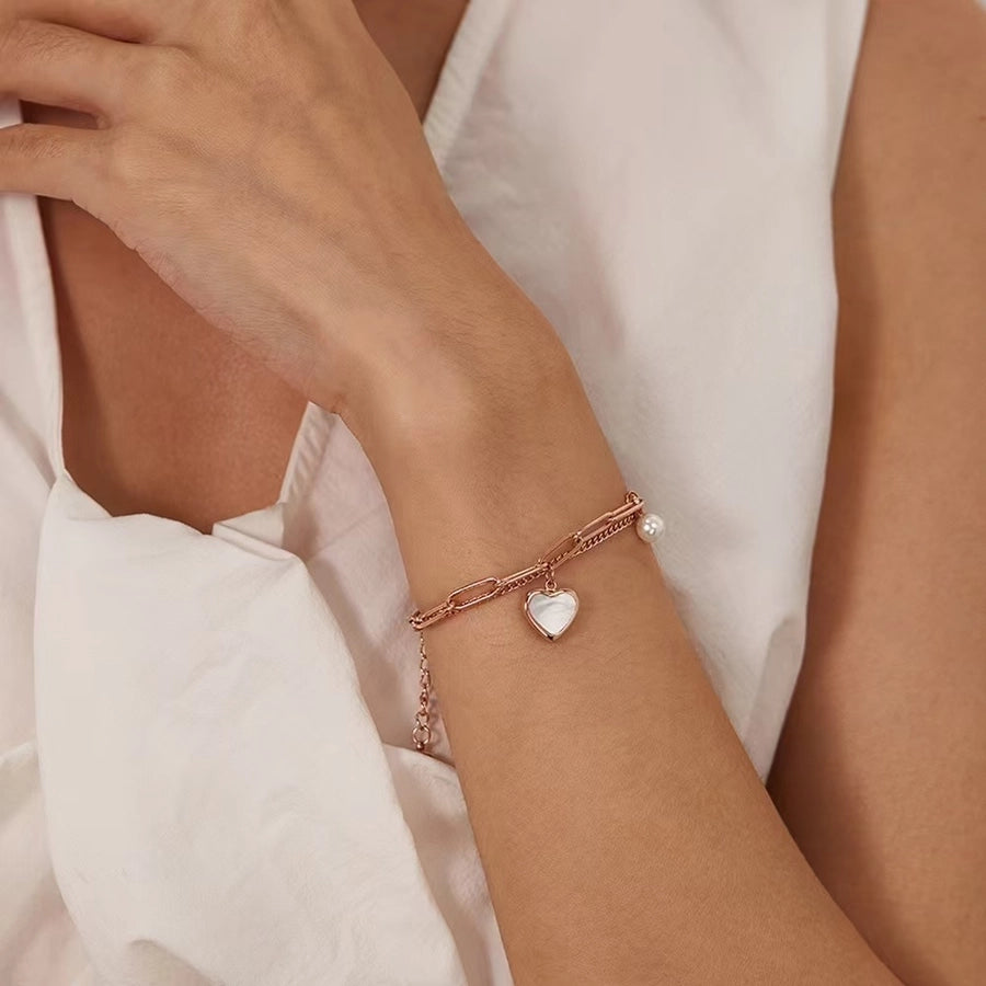 Casual Simple Style Heart Shape Titanium Steel 18K Gold Plated Artificial Pearls Shell Paperclip Chain Bracelets In Bulk