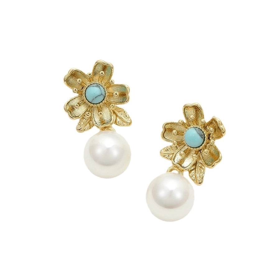 1 Pair Retro Flower Plating Inlay 304 Stainless Steel Natural Stone Pearl 18K Gold Plated Drop Earrings