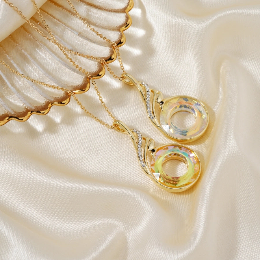 304 Stainless Steel Copper K Gold Plated Inlay Phoenix Round Crystal Zircon Pendant Necklace