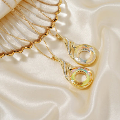 304 Stainless Steel Copper K Gold Plated Inlay Phoenix Round Crystal Zircon Pendant Necklace