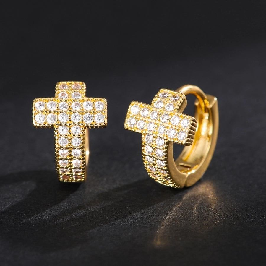1 Pair Hip Hop Punk Copper Plating 18K Gold Inlaid Square Crystal Zircon Cross Ear Clip