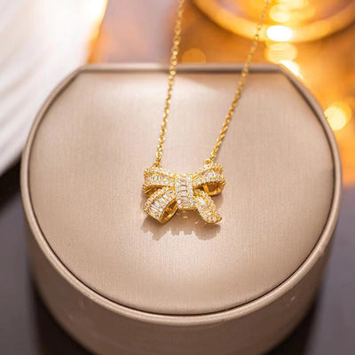 Jewelry Simple Style Bow Knot Titanium Steel Zircon Inlay Pendant Necklace