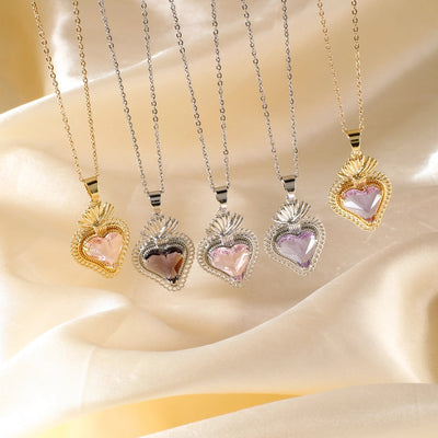 304 Stainless Steel Copper K Gold Plated Rhodium Plated Three-dimensional Inlay Heart Shape Strawberry Glass Pendant Necklace