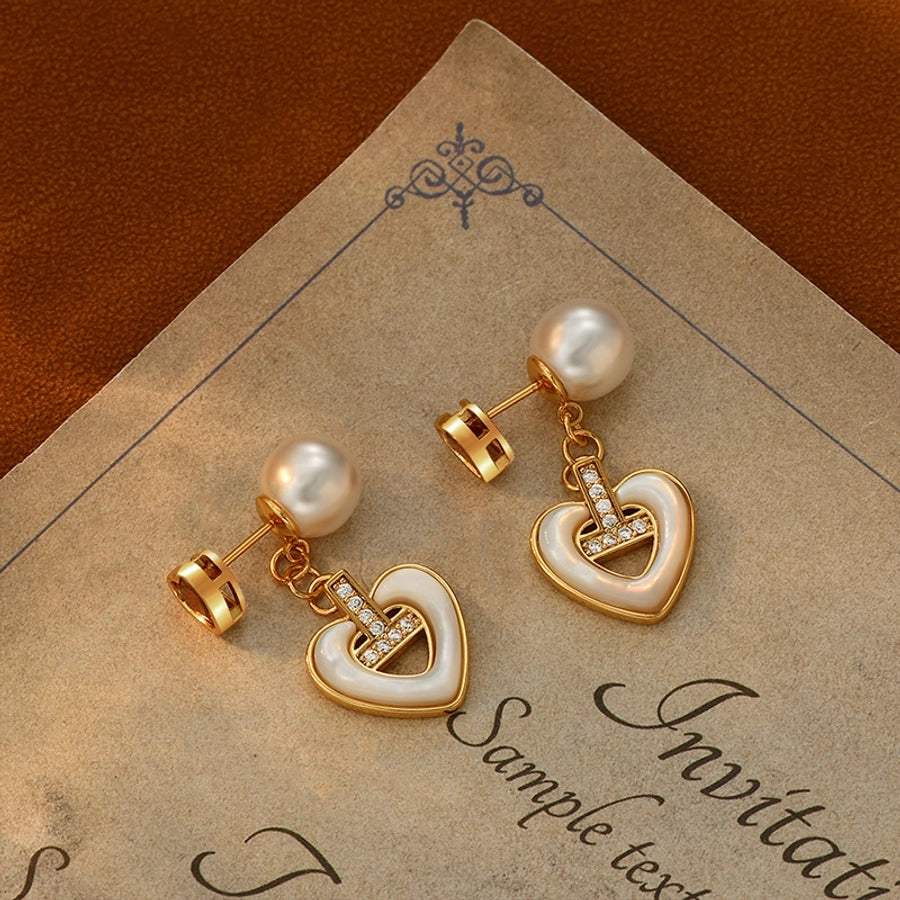 1 Pair Retro French Style Round Heart Shape Copper Zircon 18K Gold Plated Drop Earrings