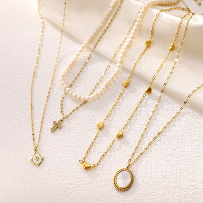 Jewelry Casual Elegant Cross Heart Shape 304 Stainless Steel Shell 18K Gold Plated Pendant Necklace