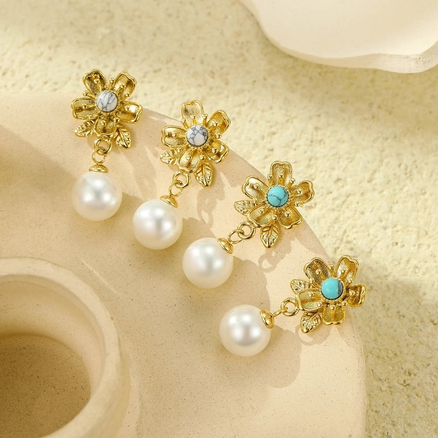 1 Pair Retro Flower Plating Inlay 304 Stainless Steel Natural Stone Pearl 18K Gold Plated Drop Earrings
