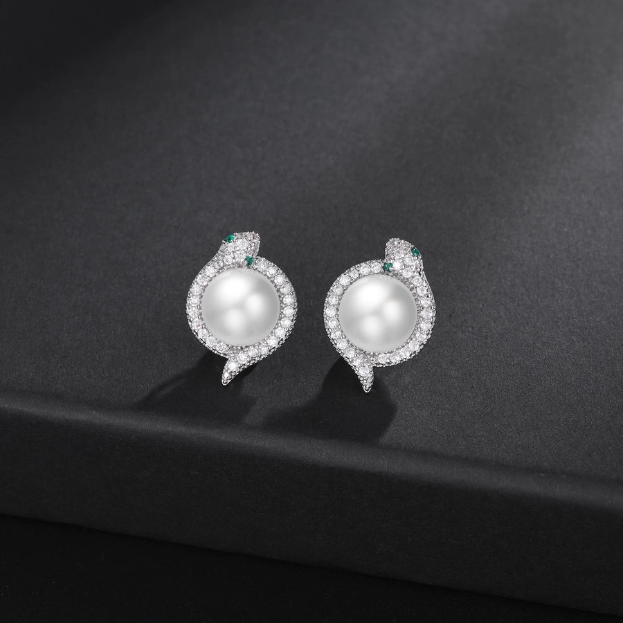 1 Pair Elegant Luxurious Shiny Snake Inlay Copper Artificial Pearls Zircon 18K Gold Plated White Gold Plated Ear Studs
