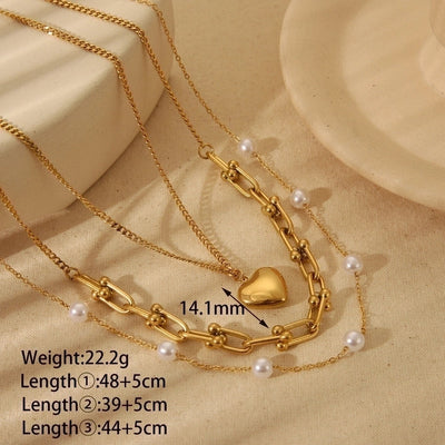 Jewelry Vintage Style Geometric Heart Shape 304 Stainless Steel 18K Gold Plated Plating Three Layer Necklace