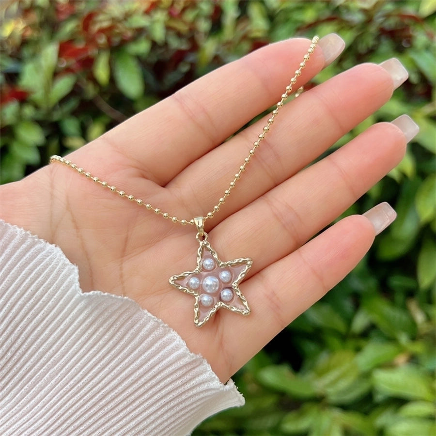 1 Piece Copper Plating 18K Gold Artificial Pearl Hollowed-out Original Design Love Star Pendant Necklace Original Cross-Border New Fashion Noble Suitable for Mother's Day Valentine's Day Gift