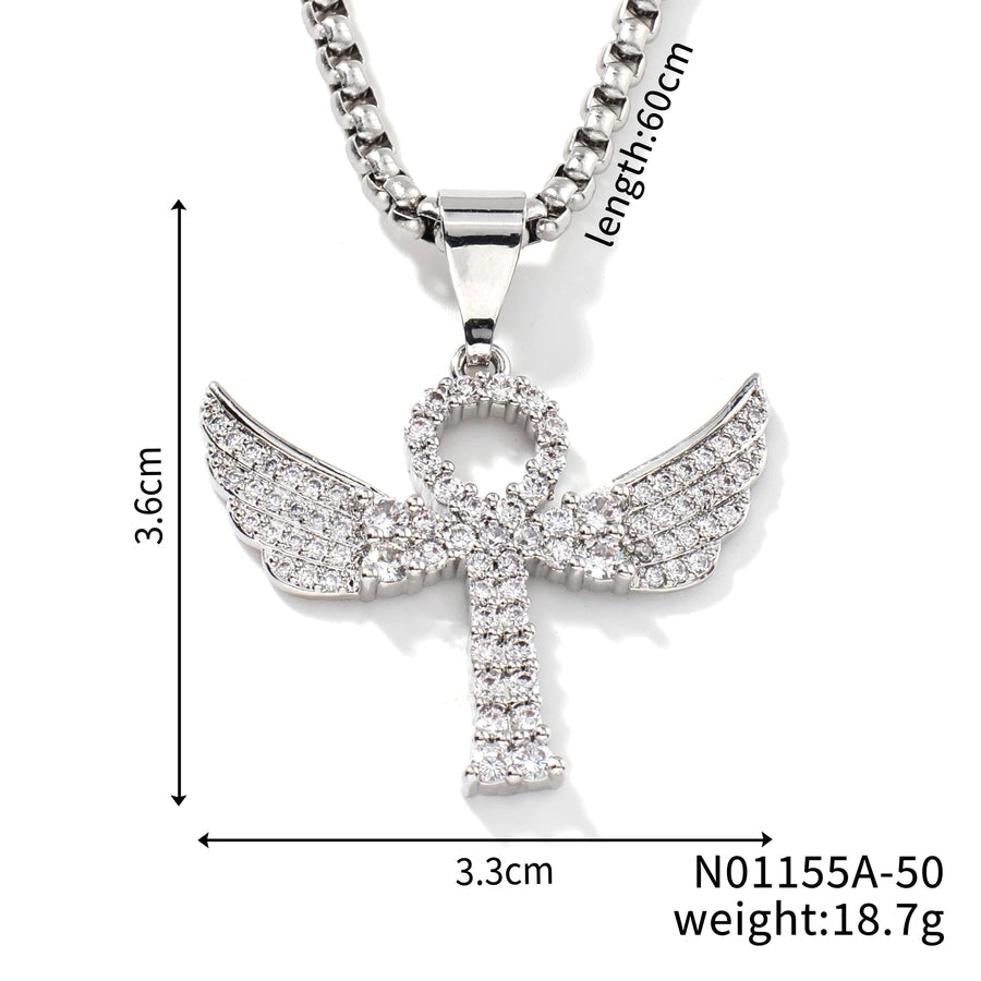 Hip-Hop Rock Shiny Cross Wings 304 Stainless Steel Copper Zircon K Gold Plated Rhodium Plated Unisex Pendant Necklace