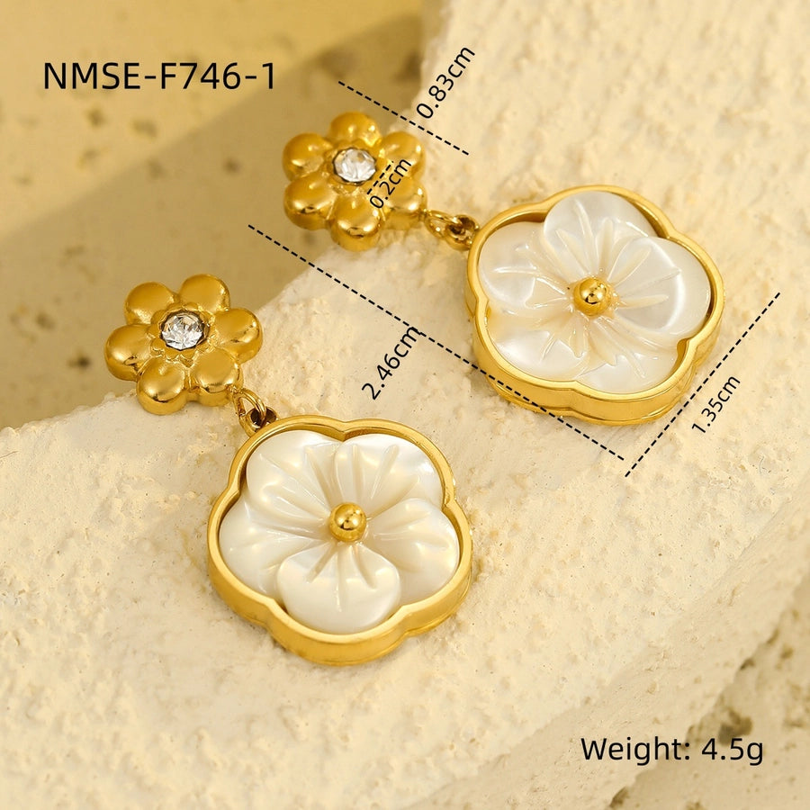 Jewelry Simple Style Flower 304 Stainless Steel Shell Zircon 18K Gold Plated Inlay Bracelets Earrings Necklace