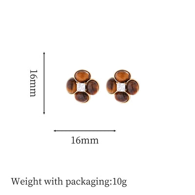 1 Pair Vintage Style Simple Style Geometric Round Heart Shape Plating Inlay Copper Natural Stone Zircon 18K Gold Plated Ear Studs