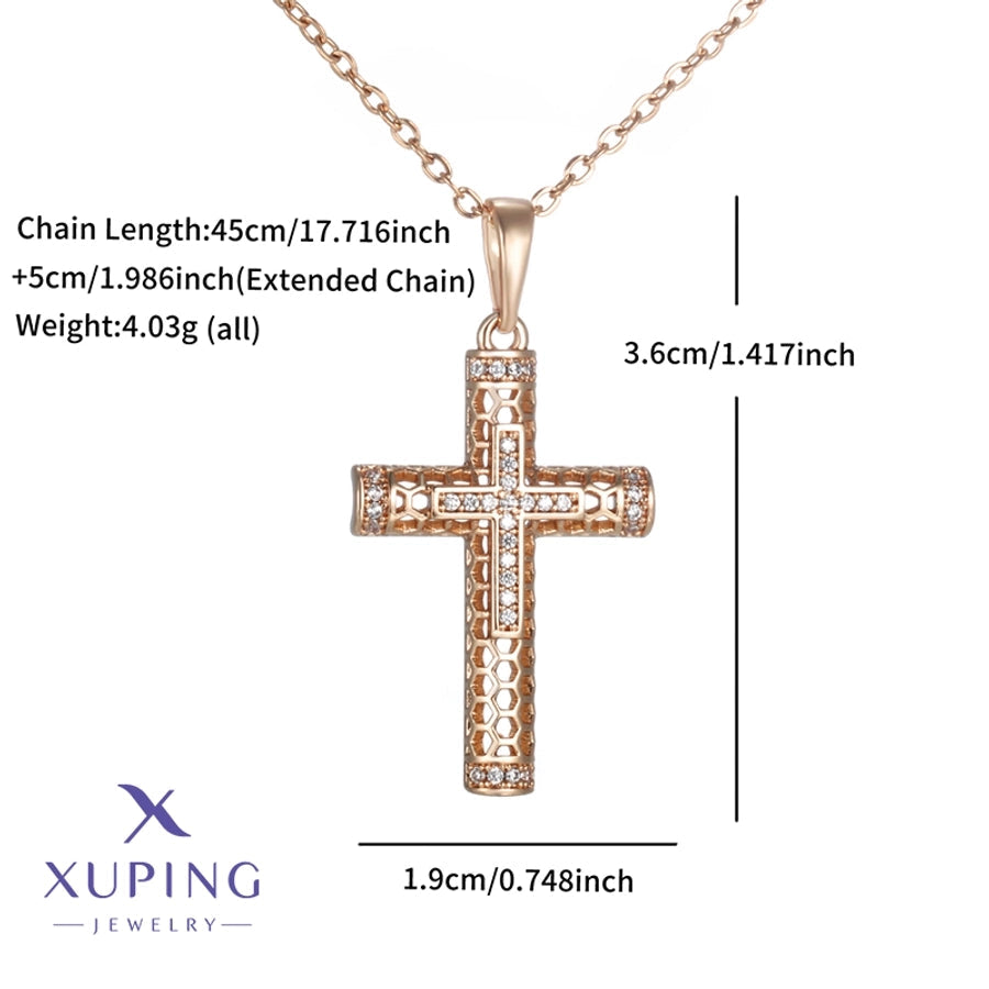 Copper 18K Gold Plated Plating Hollow Out Inlay Cross Zircon Pendant Necklace