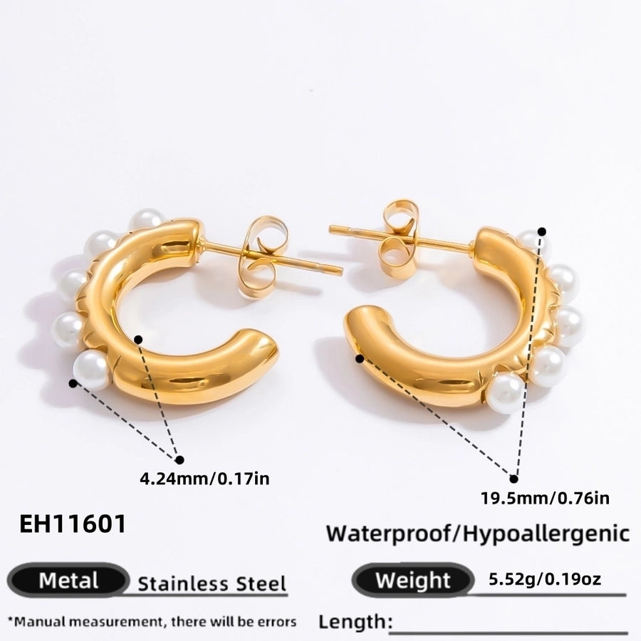 1 Pair Elegant Solid Color Plating Inlay 304 Stainless Steel Pearl 18K Gold Plated Earrings Ear Studs